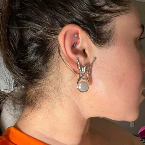 Silver Abstract statement earrings dangle Faux pearl metallic Modern 💖2/$30 - Picture 6 of 16